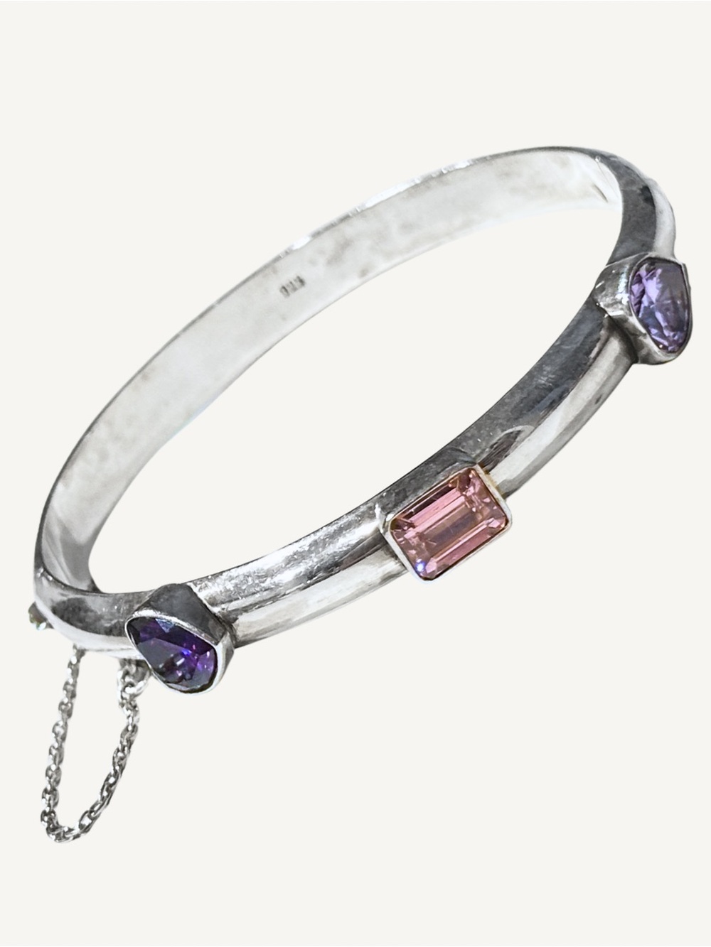 Sterling Silver Hinged Bangle Bracelet Purple Pink Lavendar Bezel Set Stones 925